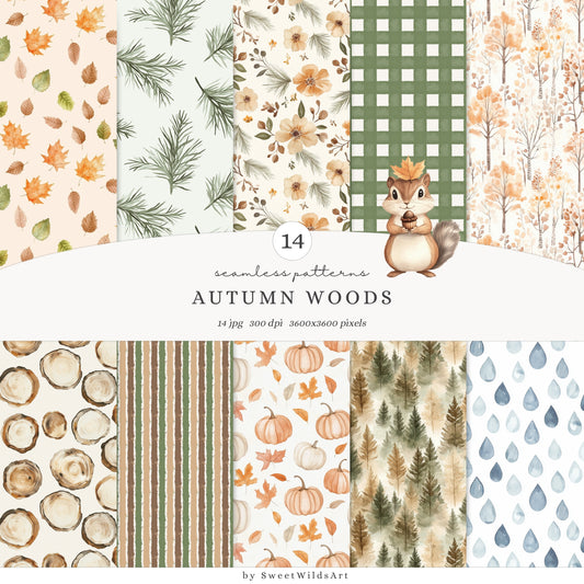 Autumn Woods - Seamless Patterns, Cozy Woodland, Fall Forest Patterns | 14 JPEG