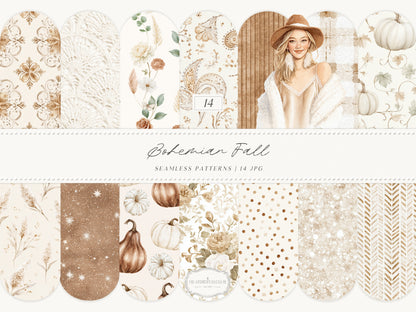 Bohemian Fall - Seamless Patterns, Boho Autumn, Cream Brown Floral Patterns, Pumpkins, Plaid | 14 JPEG