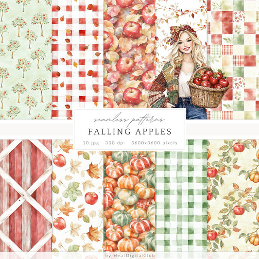 Falling Apples - Seamless Patterns, Cozy Autumn Gingham, Pumpkins | 10 JPEG