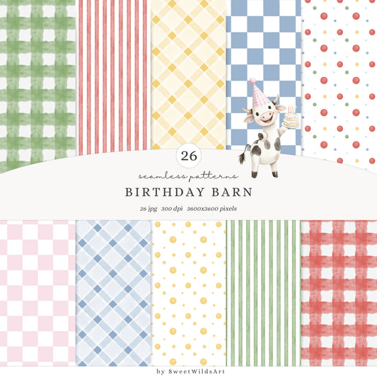 Birthday Barn - Seamless Patterns, Colorful Gingham Stripes Polka Dot | 26 JPEG