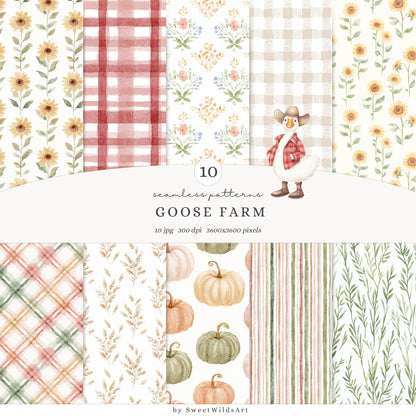 Goose Farm - Seamless Patterns, Plaid, Country Pumpkin, Sunflowers | 10 JPEG
