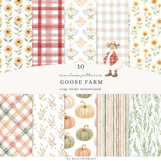 Goose Farm - Seamless Patterns, Plaid, Country Pumpkin, Sunflowers | 10 JPEG