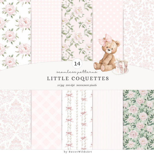 Little Coquettes - Seamless Patterns, Pink Gingham & Floral, Coquette, Baby Girl | 14 JPEG