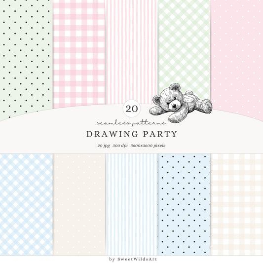 Drawing Party - Seamless Patterns, Kids Gingham Polka Dot Striped | 20 JPEG