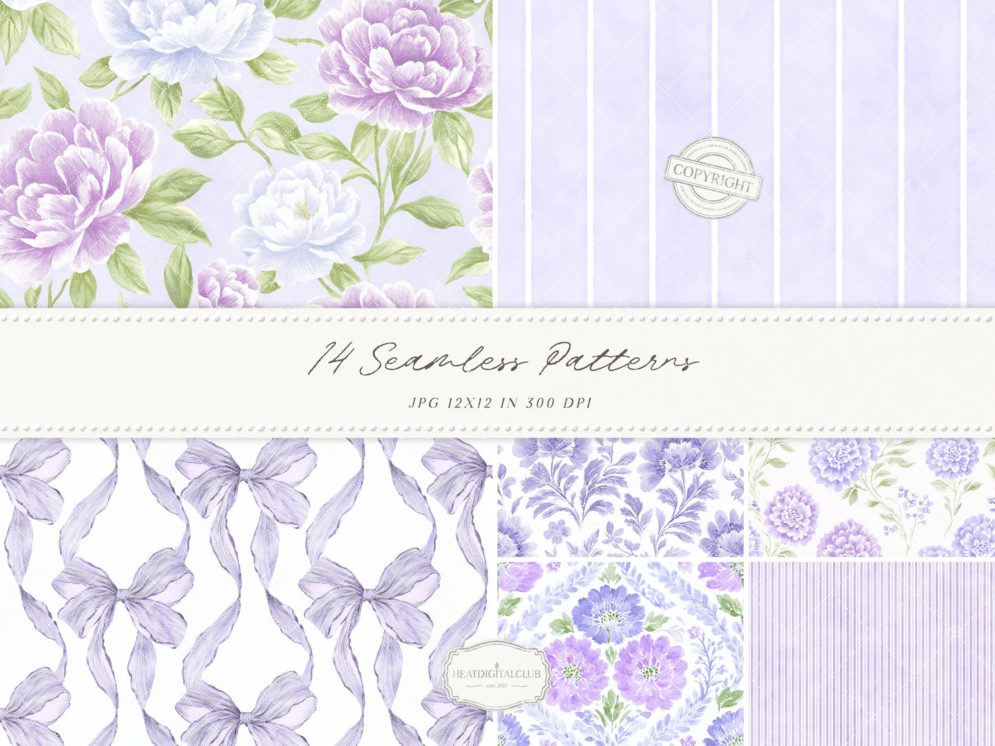 Grandmillennial Set 7 - Seamless Patterns, Lavender Floral, Purple Stripe, Plaid, Elegant Botanical Patterns | 14 JPEG