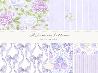 Grandmillennial Set 7 - Seamless Patterns, Lavender Floral, Purple Stripe, Plaid, Elegant Botanical Patterns | 14 JPEG