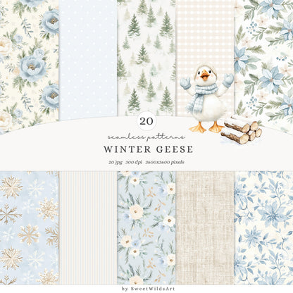 Winter Geese - Winter Seamless Patterns, Soft Blue Beige Plaid, Stripes | 20 JPEG