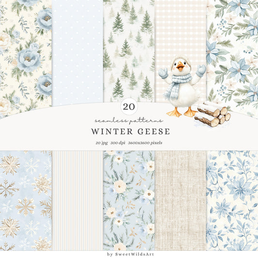 Winter Geese - Winter Seamless Patterns, Soft Blue Beige Plaid, Stripes | 20 JPEG