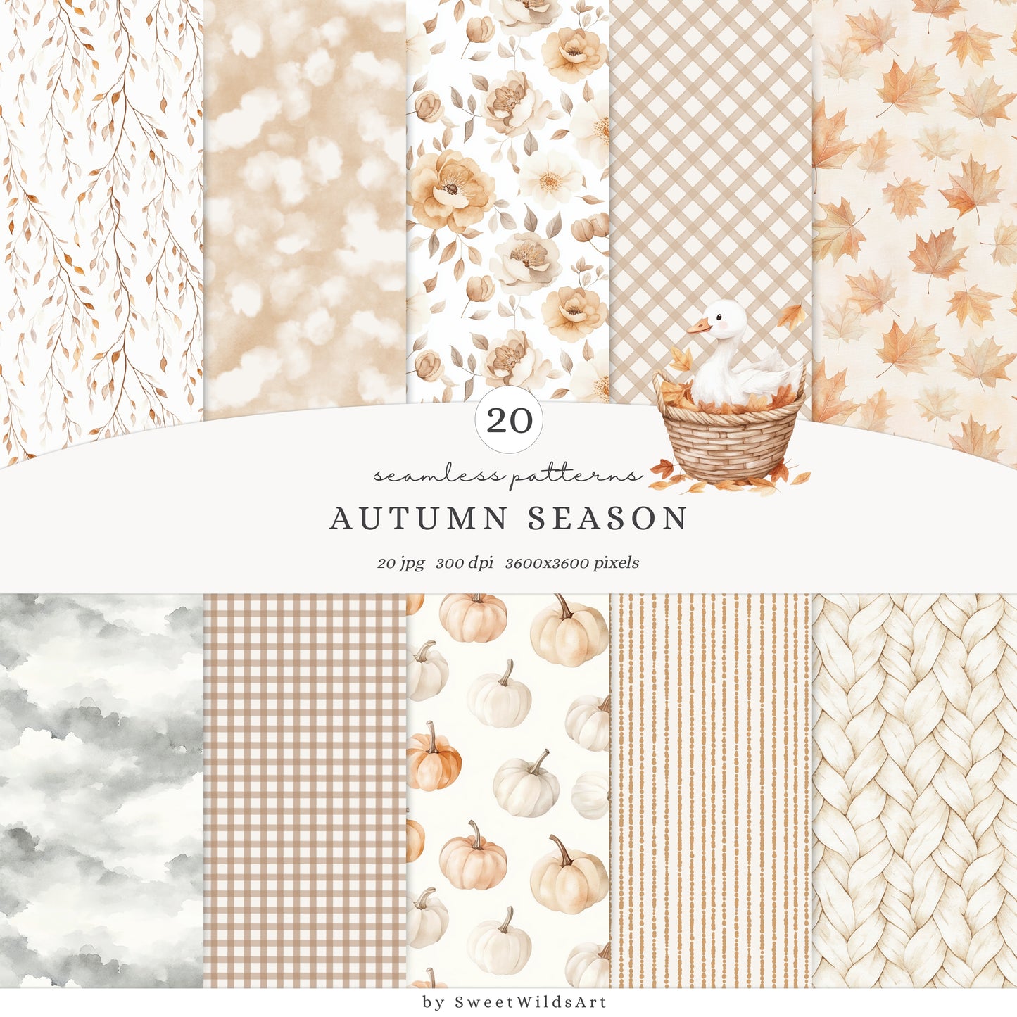 Autumn Season - Seamless Patterns, Cozy Fall, Pumpkins, Leaves, Knits, Plaid | 20 JPEG