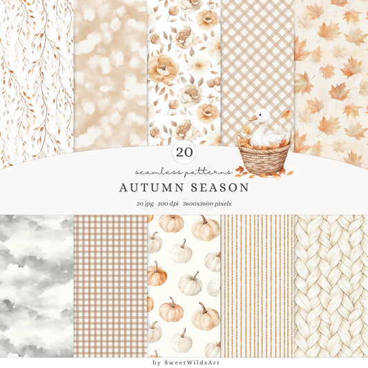 Autumn Season - Seamless Patterns, Cozy Fall, Pumpkins, Leaves, Knits, Plaid | 20 JPEG