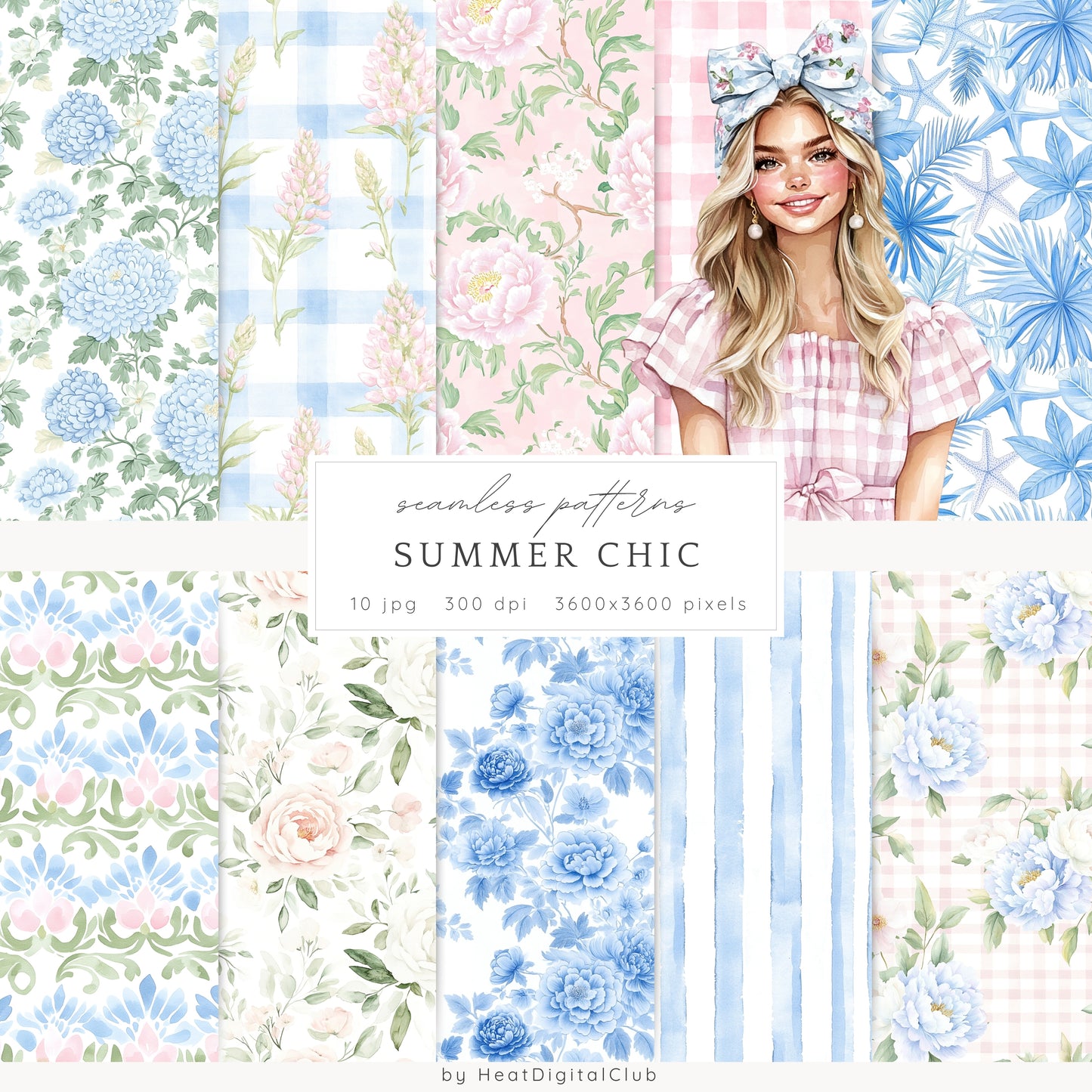 Summer Chic – Seamless Patterns,Gingham, Grandmillennial Florals | 10 JPEG