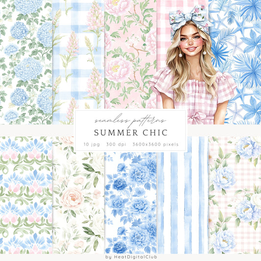 Summer Chic – Seamless Patterns,Gingham, Grandmillennial Florals | 10 JPEG