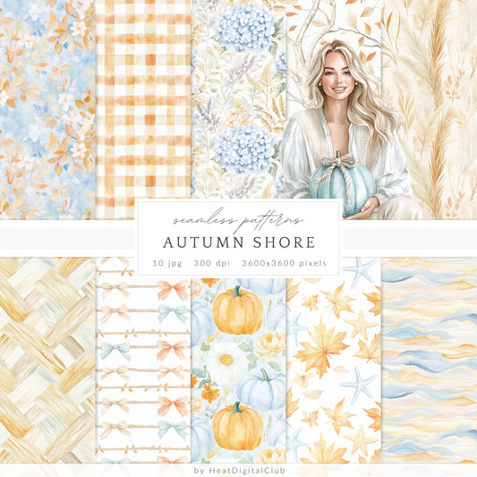 Autumn Shore - Seamless Patterns, Coastal Fall, Blue Orange Pumpkin | 10 JPEG