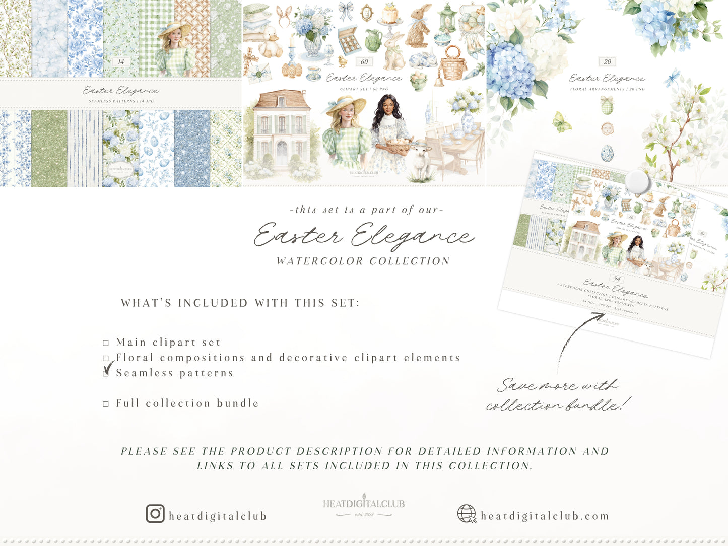 Easter Elegance - Seamless Patterns, Chinoiserie Spring, Elegant Hydrangeas | 14 JPEG