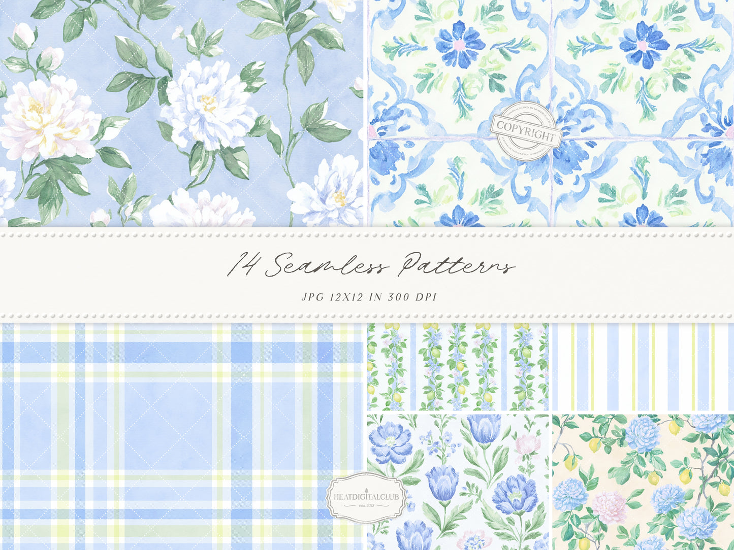 Grandmillennial Set 6 - Seamless Patterns, Italian Lemon Floral, Blue Yellow Tile, Plaid Digital Repeating Pattern | 14 JPEG