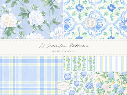 Grandmillennial Set 6 - Seamless Patterns, Italian Lemon Floral, Blue Yellow Tile, Plaid Digital Repeating Pattern | 14 JPEG