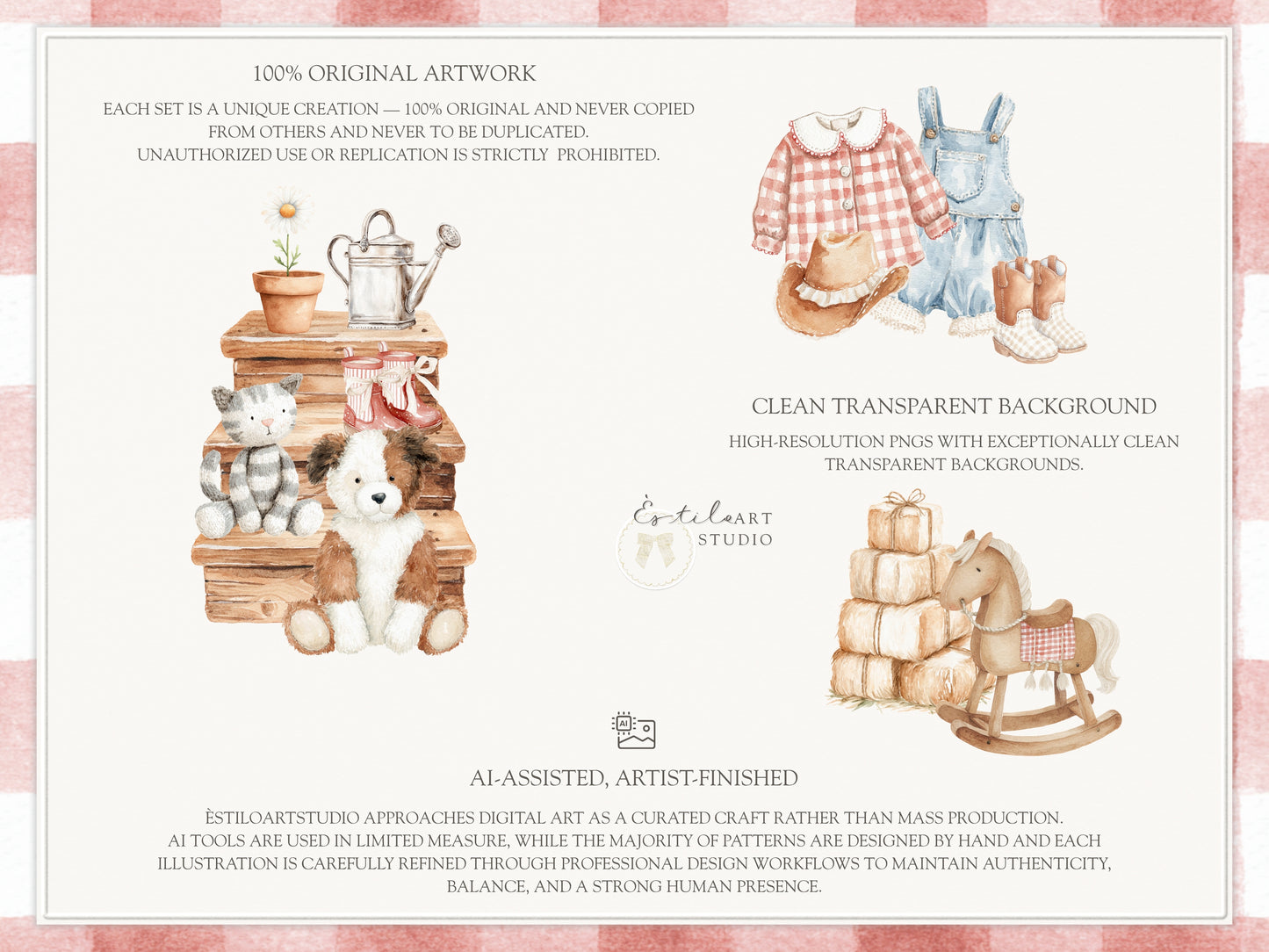Farm Atelier - Clipart, Heirloom Nursery, Vintage Barn Animals, Farmhouse Baby Shower, Cottage Farm Seamless Patterns | 104 PNG/JPEG