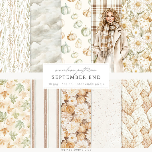 September End - Seamless Patterns, Autumn, Fall, Pumpkin, Knitted | 10 JPEG