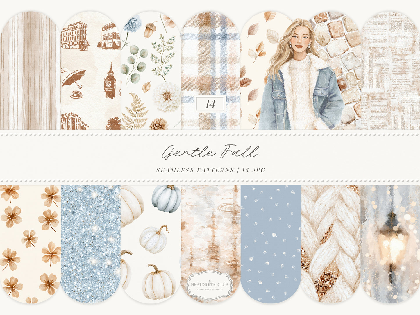 Gentle Fall - Seamless Patterns, Neutral Autumn Patterns, Cozy Watercolor Patterns, Rainy Autumn | 14 JPEG