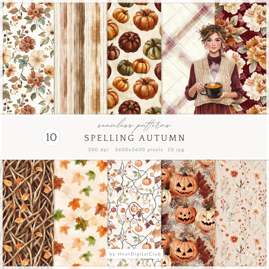 Spelling Autumn - Seamless Patterns, Pumpkins, Cozy Fall, Cottagecore | 10 JPEG