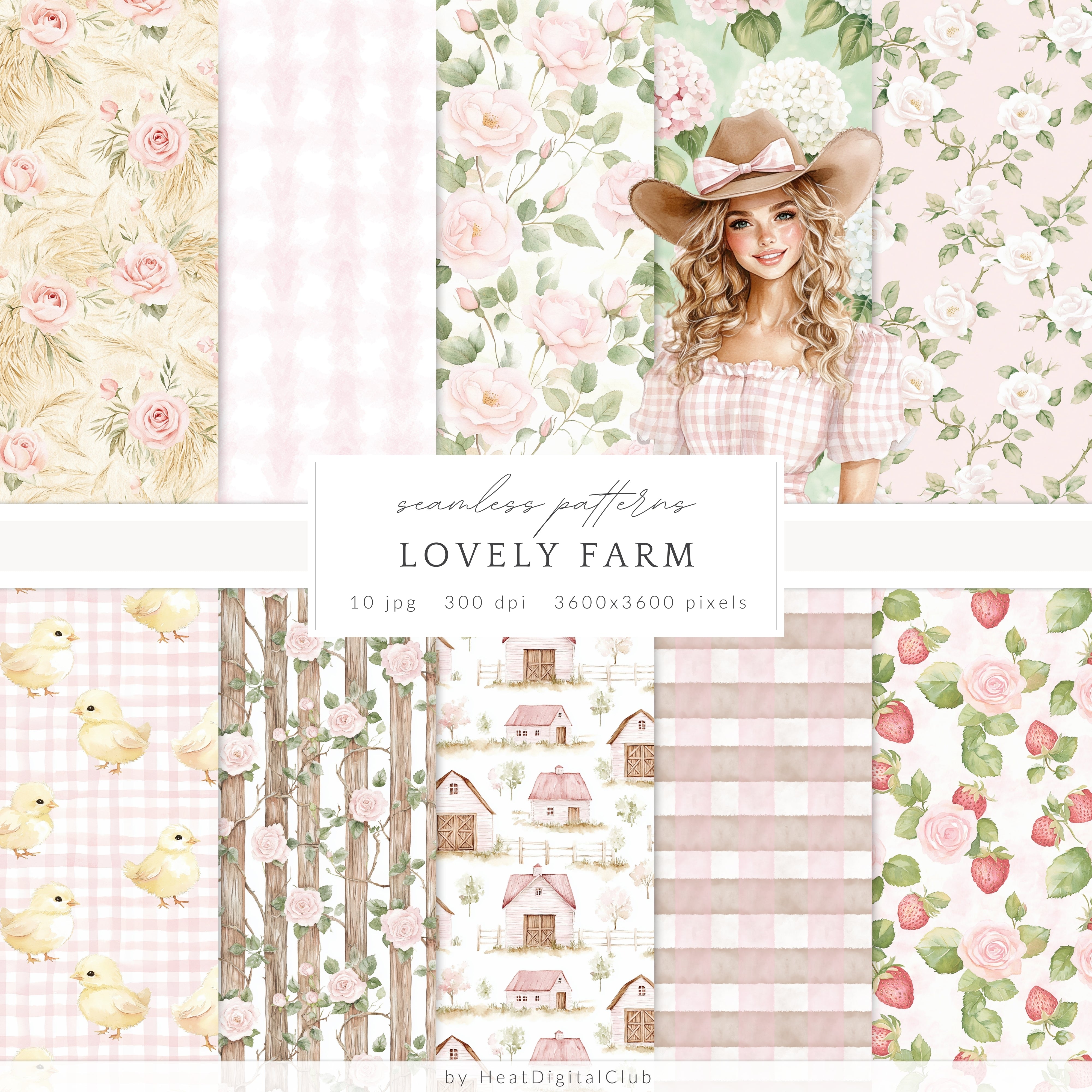 Lovely Farm - Seamless Patterns, Pink Gingham Strawberry, Pastel Count ...