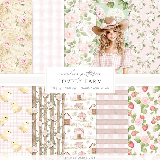 Lovely Farm - Seamless Patterns, Pink Gingham Strawberry, Pastel Country | 10 JPEG
