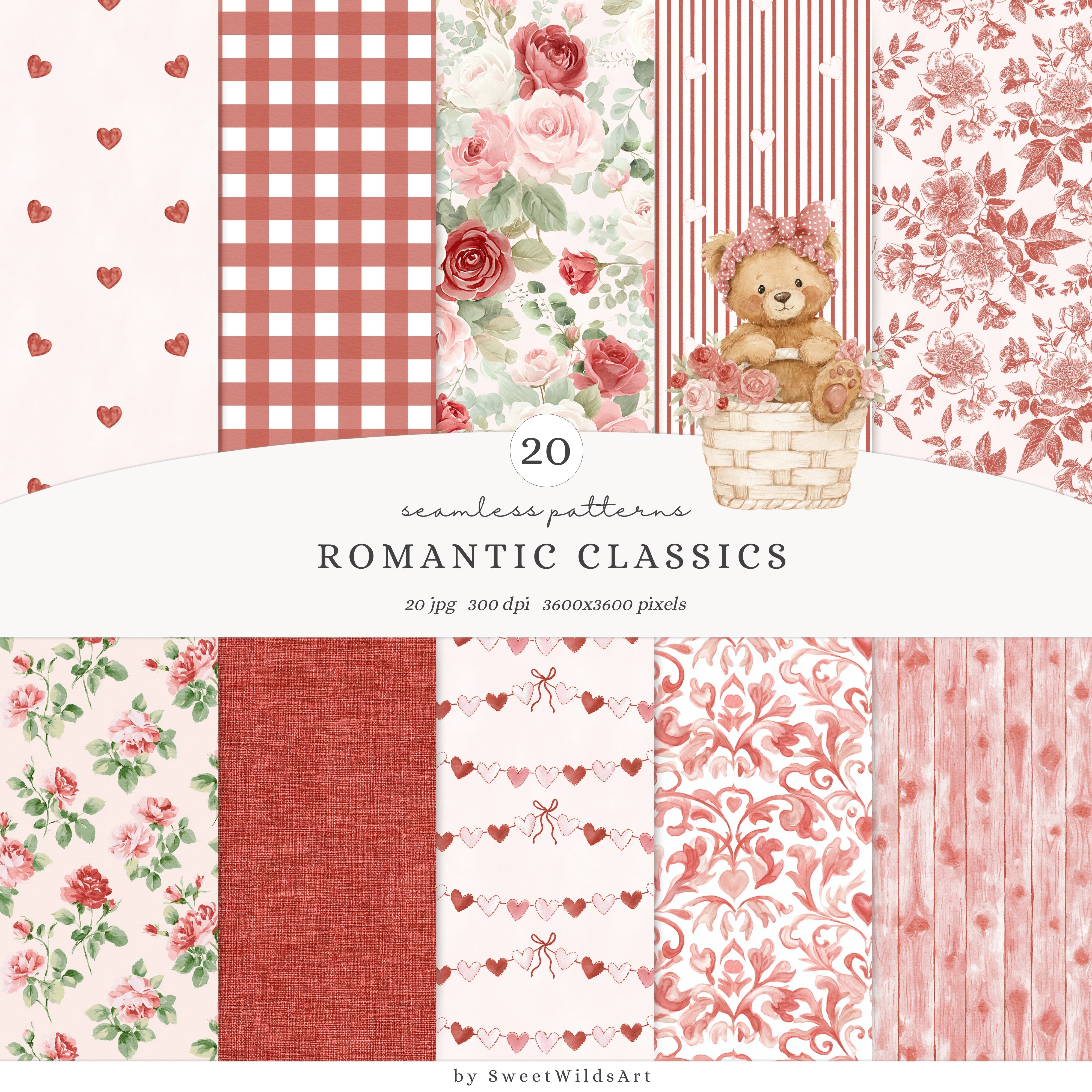 Romantic Classics - Seamless Patterns, Valentine's Day, Gingham Hearts ...