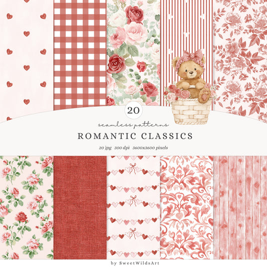 Romantic Classics - Seamless Patterns, Valentine's Day, Gingham Hearts Floral, Love | 20 JPEG