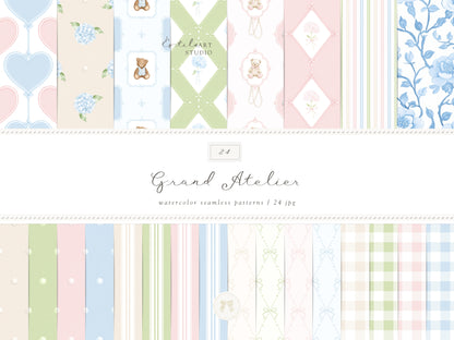 Grand Atelier - Bundle, Baby Clipart, Floral, Seamless Patterns, Vintage Toys, Grandmillennial Nursery | 148 PNG/JPEG