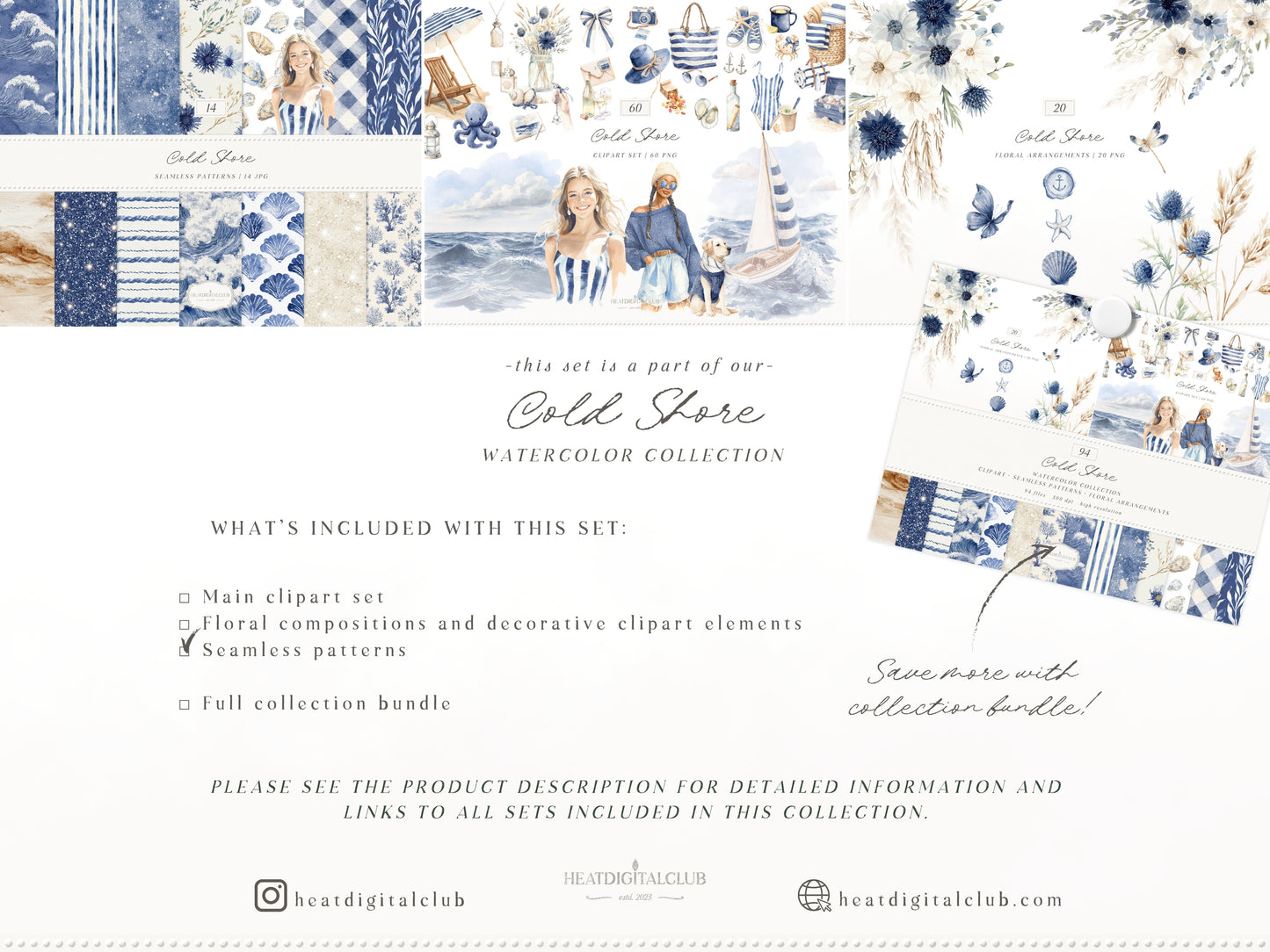 Cold Shore - Navy Seamless Patterns, Blue Stripe Coastal Design, Nautical Shell & Wave | 14 JPEG