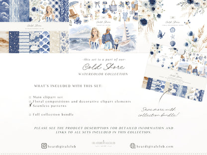 Cold Shore - Navy Seamless Patterns, Blue Stripe Coastal Design, Nautical Shell & Wave | 14 JPEG