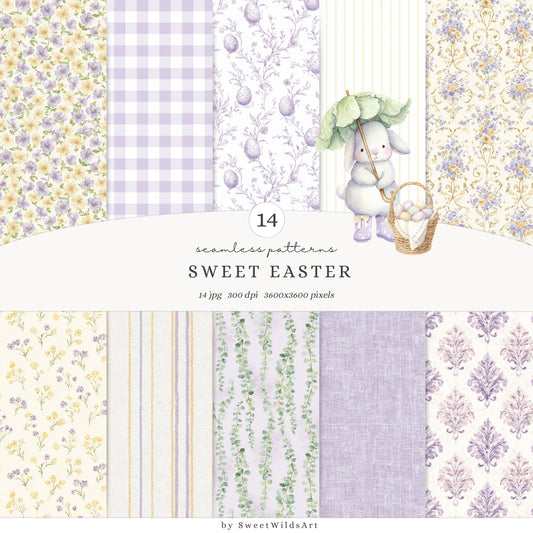 Sweet Easter - Seamless Patterns, Light Purple & Yellow Gingham, Stripes, Pastel Spring | 14 JPEG