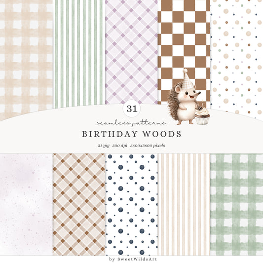 Birthday Woods - Seamless Patterns, Woodland Gingham Polka Dot Stripes | 31 JPEG