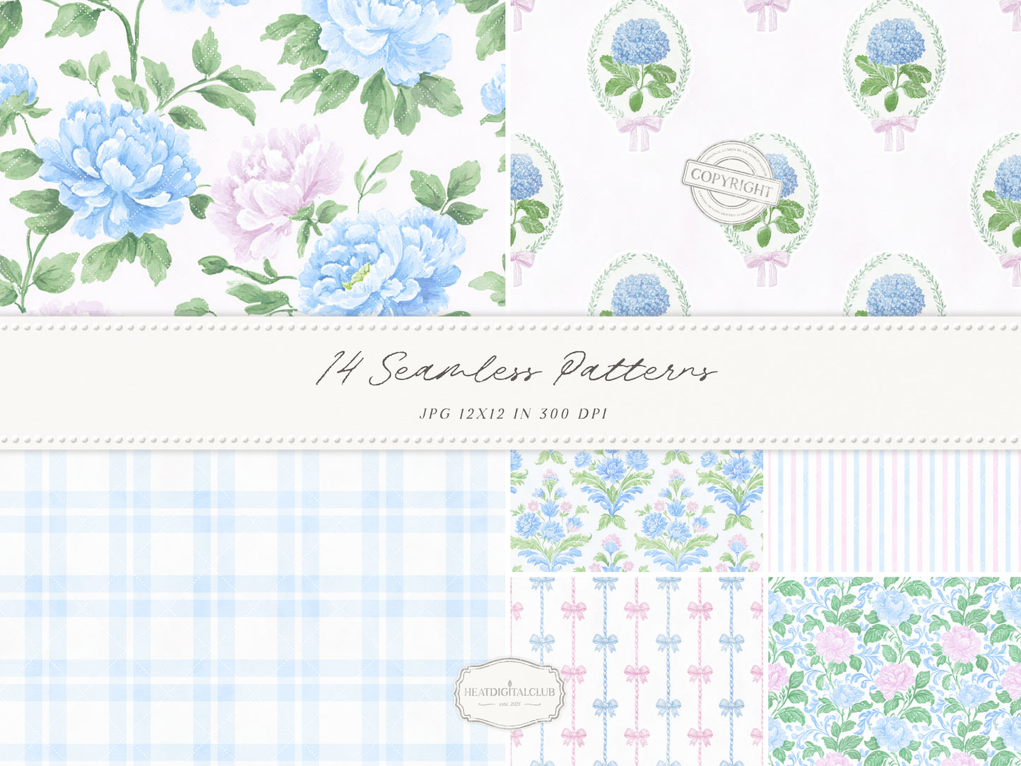 Grandmillennial Set 5 - Seamless Patterns, Pastel Floral, Stripes, Plaid, Pink & Blue Digital Repeating Pattern | 14 JPEG