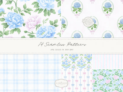 Grandmillennial Set 5 - Seamless Patterns, Pastel Floral, Stripes, Plaid, Pink & Blue Digital Repeating Pattern | 14 JPEG
