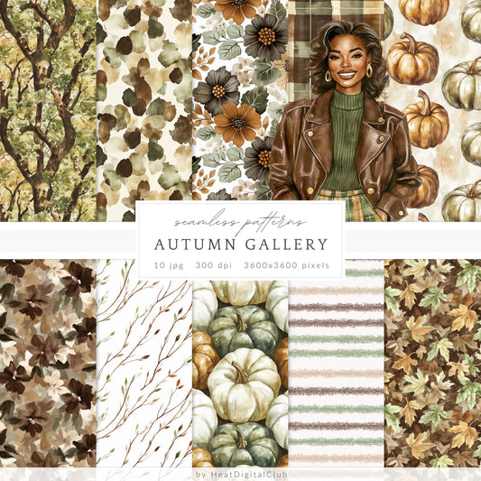 Autumn Gallery - Seamless Patterns, Fall, Pumpkin Botanical | 10 JPEG