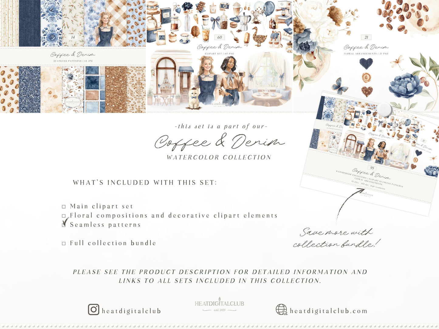 Coffee & Denim - Seamless Patterns, Textile Prints, Coffee Bean Patterns, Blue Brown Denim Fabric | 14 JPEG