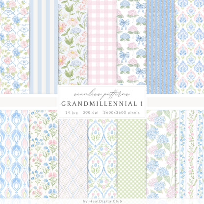 Grandmillennial - Seamless Patterns Bundle, Pastel Floral, Stripes, Plaid, Glitter | 56 JPEG