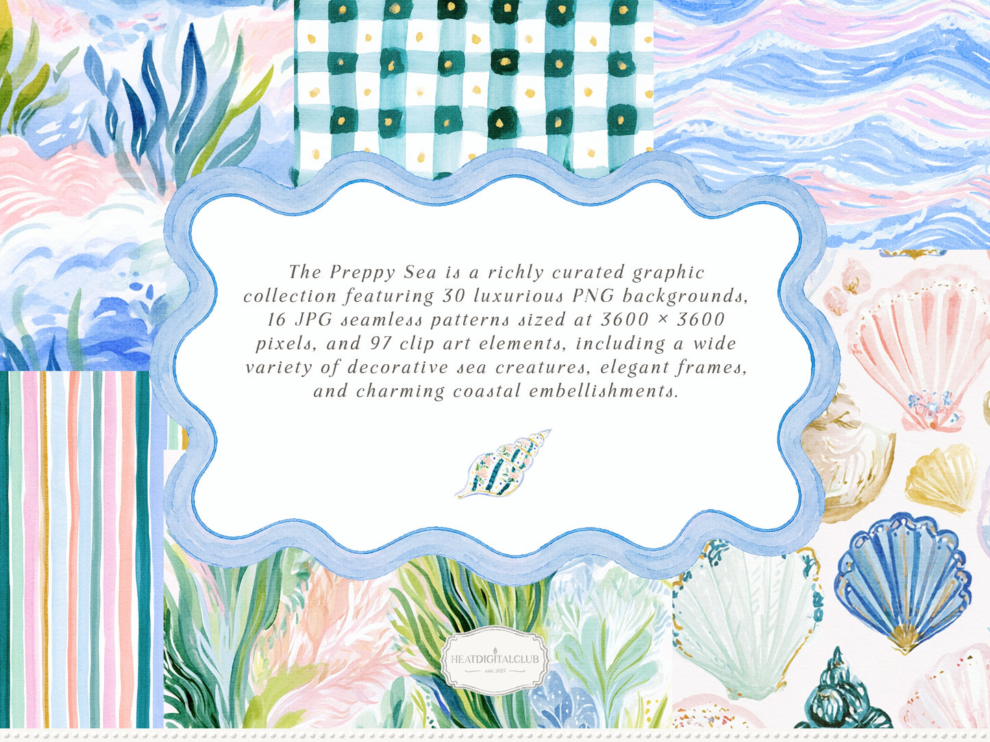 The Preppy Sea - Watercolor Clipart Bundle, Tropical Reef, Sea Creatures, Summer Beach | 143 PNG/JPEG
