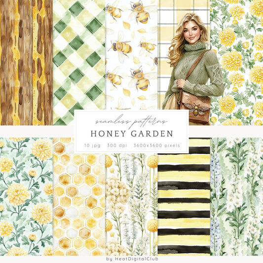 Honey Garden - Seamless Patterns, Bee, Yellow Floral, Honeycomb | 10 JPEG