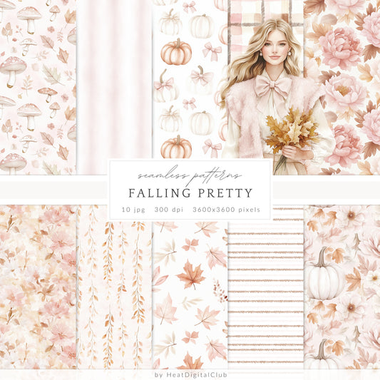 Falling Pretty - Seamless Patterns, Autumn, Pink Pumpkins | 10 JPEG