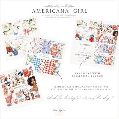 Americana Girl – Watercolor Florals, Red, White & Blue | 12 PNG