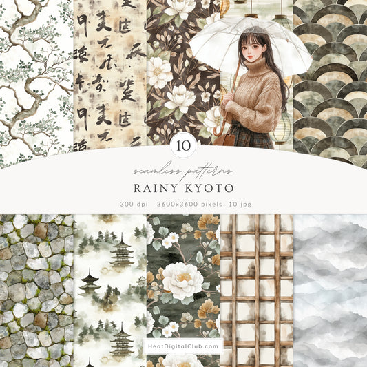 Rainy Kyoto - Seamless Patterns, Japanese Patterns, Cozy Textures, Floral Patterns | 10 JPEG