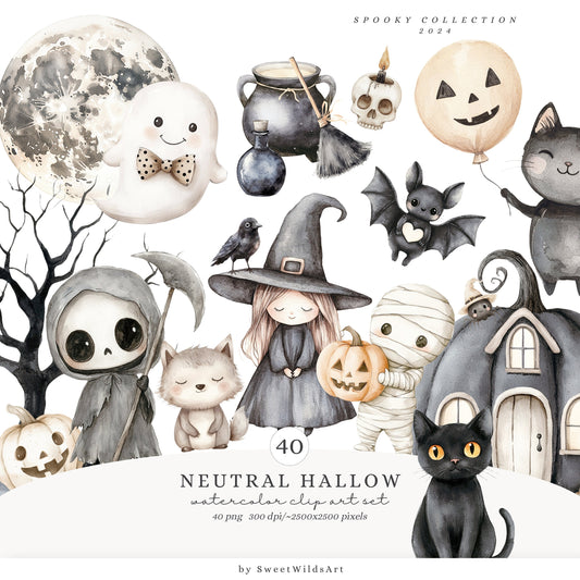 Neutral Hallow - Cute Halloween Clipart, Pastel Spooky, Pumpkin, Little Ghost | 40 PNG