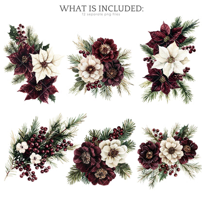 Joyful Time - Winter Floral Arrangement, Cozy Christmas Clipart Bundle | 12 PNG