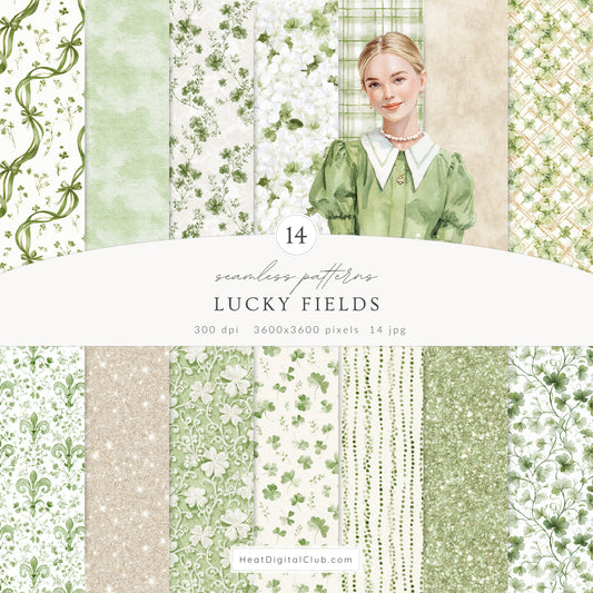 Lucky Fields - Seamless Patterns, Green Clover Patterns, Cottagecore Spring Papers | 14 JPEG