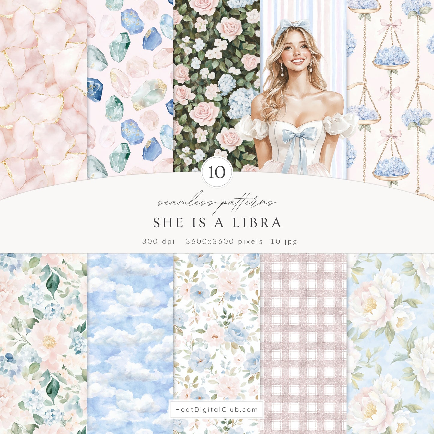 She is a Libra - Watercolor Seamless Patterns,  Libra Zodiac, Astrology, Zodiac | 10 JPEG