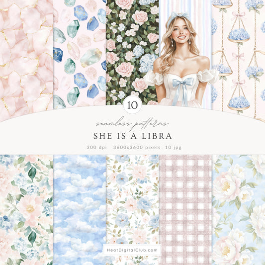 She is a Libra - Watercolor Seamless Patterns,  Libra Zodiac, Astrology, Zodiac | 10 JPEG