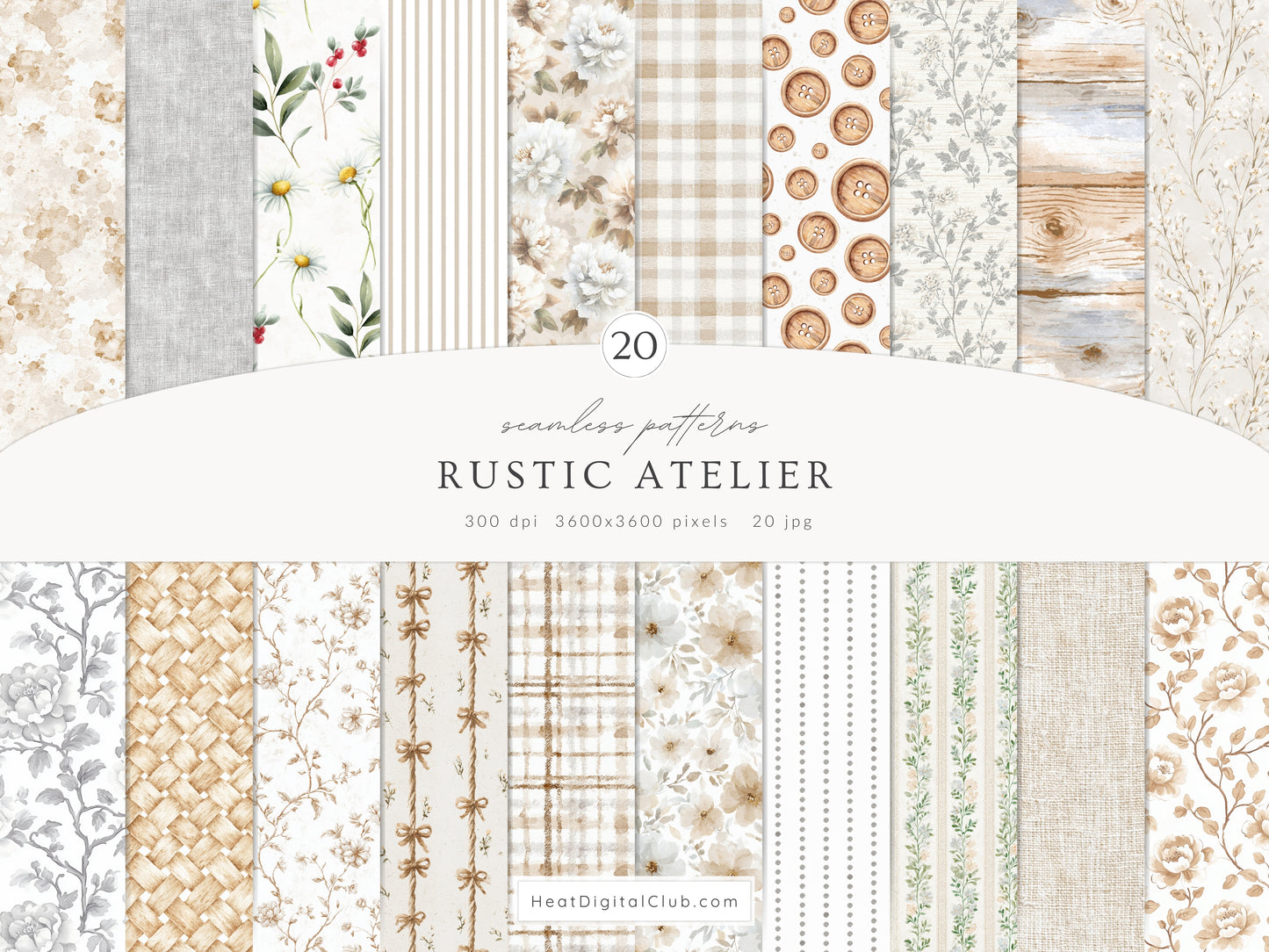 Rustic Atelier - Seamless Patterns, Neutral Floral , Cottagecore, Country, French Rustic | 20 JPEG