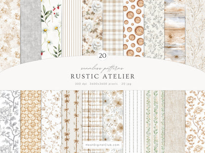 Rustic Atelier - Seamless Patterns, Neutral Floral , Cottagecore, Country, French Rustic | 20 JPEG